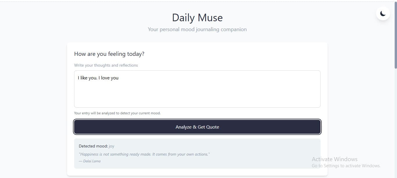 Screenshot of Daily Muse (Mood Journaling Web App)
